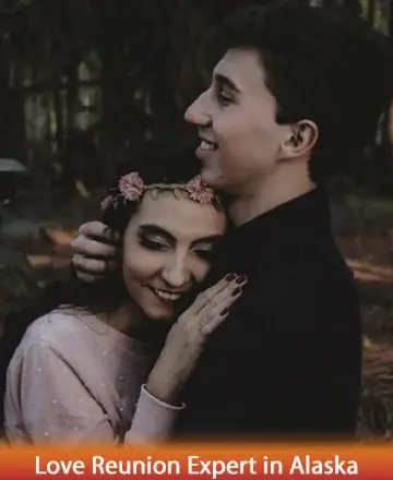 In the gentle embrace of nature, two souls find solace in each other’s warmth, their smiles whispering tales of rekindled connections. The serene backdrop enhances their shared moment of peace and understanding, radiating a comforting aura of togetherness. Love reunion expert in Alaska.