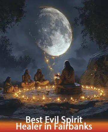 Under the serene glow of the full moon, a circle of seekers gathers around a gentle guide, their path illuminated by the warm flicker of candlelight. A harmonious energy flows, soothing the spirit and nurturing the soul in this sacred space. Evil spirit healer in Fairbanks.