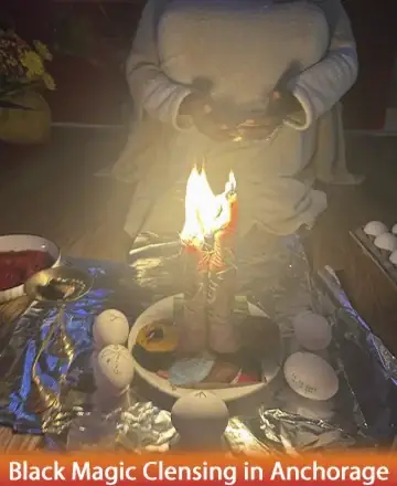In a serene setting, gentle candle flames dance with purpose, surrounded by symbols of peace and protection. The atmosphere is enveloped in warmth and tranquility, offering solace to the heart and soul. Black magic cleansing in Anchorage.
