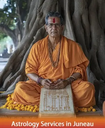 A man in traditional orange attire sits cross-legged under a large tree, exuding a serene presence. He wears multiple necklaces and adorns his forehead with a red mark. In front of him is an open scroll with intricate patterns, possibly depicting an astrological chart. Bright yellow marigold flowers are arranged around the scroll. The caption reads, 
