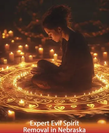 In the serene glow of candlelight, a calm presence sits amidst intricate patterns, reflecting a journey of inner peace and resilience. The warm, gentle light offers a comforting embrace, guiding the spirit towards tranquility and balance. Expert evil spirit removal in Nebraska.