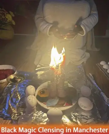 In a serene setting, soft candlelight dances, casting a gentle glow around sacred items that speak of deep healing and inner peace. The ambiance invites reflection and renewal, offering a sanctuary for the soul. Black magic cleansing in Manchester.