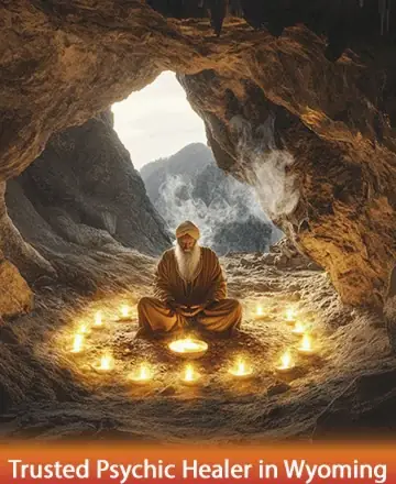 In a serene cave bathed in gentle candlelight, a wise sage sits in tranquil meditation, surrounded by the warmth of flickering flames. The peaceful ambiance invites introspection and healing, offering a sanctuary for the soul. Trusted psychic healer in Wyoming.