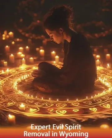 In a serene circle of glowing candles, a young woman sits in quiet reflection, embraced by the gentle warmth of flickering light. The scene whispers of inner peace and healing, inviting you to find solace and transformation. Expert evil spirit removal in Wyoming.