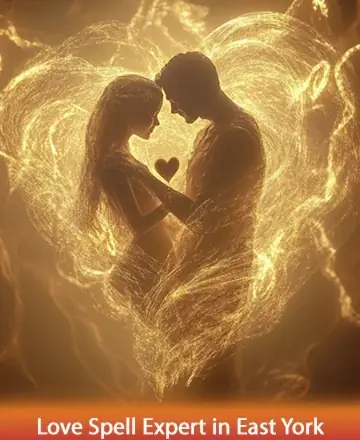 In a gentle glow of golden light, two souls embrace, surrounded by a heart-shaped aura that whispers of deep connection and warmth. This image radiates a serene energy that speaks to the heart's deepest desires for love and unity. Love spell expert in East York.