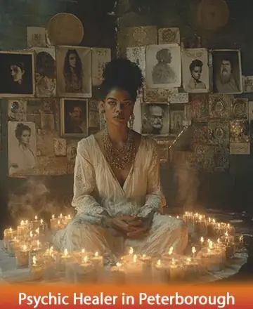 In a serene chamber adorned with the gentle glow of candlelight, a figure sits in tranquil meditation, surrounded by images of wisdom and grace. The atmosphere is filled with a sense of calm and spiritual connection. Psychic healer in Peterborough.