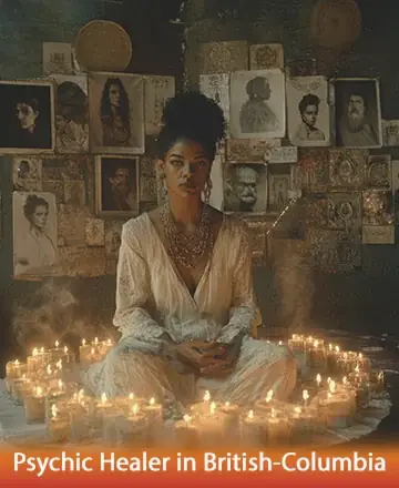 In a serene sanctuary adorned with glowing candles, a wise guide sits in tranquil meditation, surrounded by timeless portraits that whisper stories of the past. The air is filled with a gentle warmth, inviting peace and introspection. Psychic healer in British Columbia.