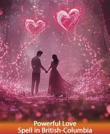 In a serene, enchanted forest bathed in a gentle pink glow, two souls stand hand in hand beneath a canopy of luminous hearts. The air is filled with warmth and harmony, inviting a profound connection and whispering promises of love. Powerful love spell in British Columbia.