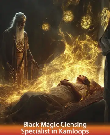 In a serene setting, a wise elder envelops a resting soul with a gentle, golden aura, casting warmth and tranquility. The scene radiates peace, inviting a deep sense of healing and renewal. Black magic cleansing specialist in Kamloops.