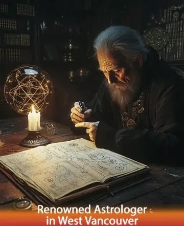 In a serene haven of ancient wisdom, a gentle sage delves into the mysteries of the cosmos. The soft glow of candlelight dances upon open, timeworn books, evoking a sense of deep peace and timeless knowledge. Astrology guidance in West Vancouver.