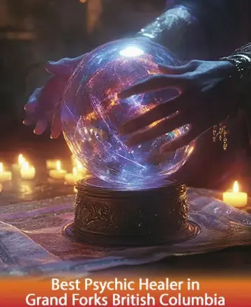 Hands hover over a glowing crystal ball on an ornate stand, surrounded by lit candles. The scene is mystical, with a text overlay reading, 