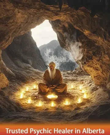 In the serene embrace of a cave, a wise figure sits surrounded by a gentle circle of glowing candles. The warm light casts a comforting glow, inviting peace and reflection. This tranquil scene speaks to the soul's journey within. Trusted psychic healer in Alberta.