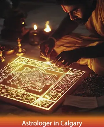 In a serene, warmly lit space, a gentle soul carefully crafts a glowing mandala, its intricate patterns radiating peace and harmony. The soft ambiance and focused intention invite a comforting sense of wisdom and tranquility. Astrologer in Calgary.
