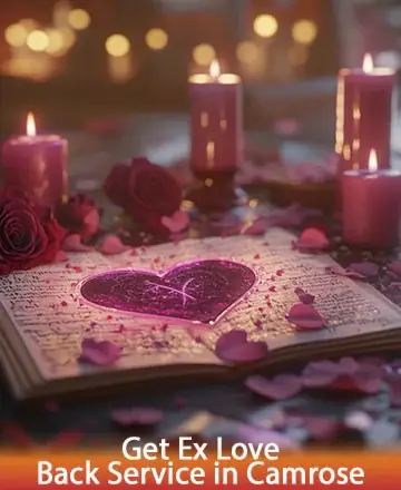 In the gentle glow of candlelight, a heart-shaped symbol softly illuminates the pages, surrounded by delicate rose petals. This serene setting whispers of love and hope, offering a comforting embrace to those seeking reconnection. Get ex love back service in Camrose.