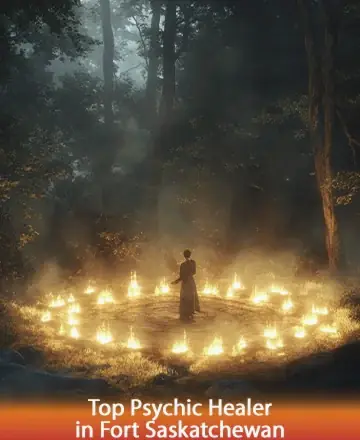 In the heart of an ancient forest, a serene figure stands within a glowing circle of gentle flames, surrounded by the whispers of nature. This sacred space invites deep reflection and tranquility, offering a moment of peace and connection. Psychic healer in Fort Saskatchewan.