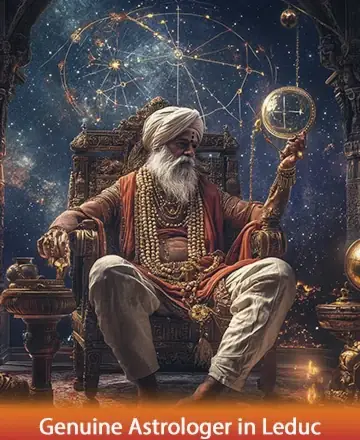 In a realm of gentle cosmic whispers, a wise sage sits serenely, surrounded by the stars' embrace. His presence exudes a deep tranquility, guiding souls with ancient wisdom and nurturing peace. Genuine astrologer in Leduc.