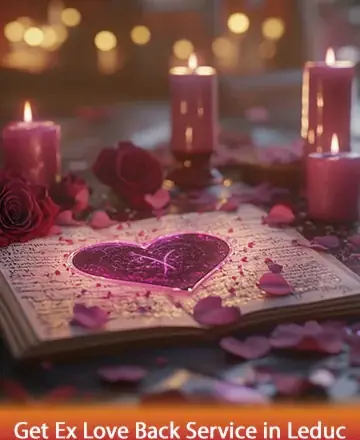 In a serene setting illuminated by soft candlelight, a heart-shaped emblem glows gently atop an open book, surrounded by delicate rose petals. This calming scene invites you to embrace the warmth of rekindled connections and the gentle guidance of love. Get ex love back service in Leduc.