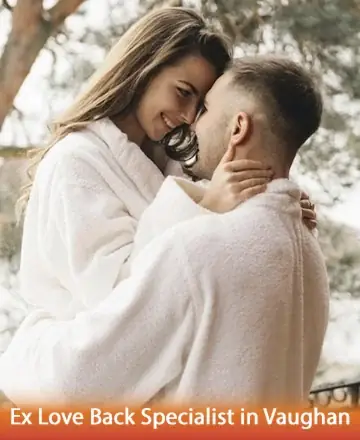 Smiling couple embracing in white robes outdoors, representing emotional reunion and love restoration services in Vaughan.