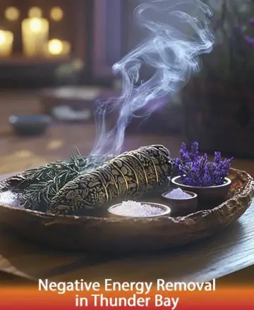 In a serene sanctuary, soft candlelight dances gently, casting a warm glow over a beautifully arranged platter of sage, lavender, and sea salt. The soothing aroma rises, inviting peace and tranquility into your soul, providing a comforting embrace. Negative energy removal in Thunder Bay.