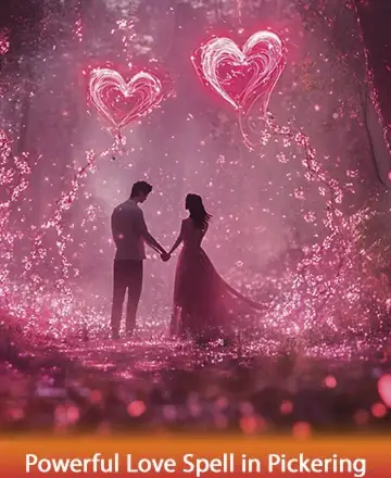 In a dreamy, ethereal setting, two souls connect under a canopy of shimmering pink light, surrounded by the soft glow of love and unity. Their bond is celebrated in a magical space, where hearts illuminate the path forward. Powerful love spell in Pickering.