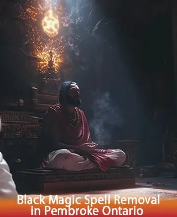 In a tranquil sanctuary bathed in soft, ethereal light, a wise figure meditates with serene grace, enveloped in an aura of peace and sacred wisdom. The atmosphere whispers of ancient mysteries and transformative healing. Black magic spell removal in Pembroke Ontario.