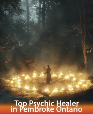 In the heart of a serene forest, gentle flames encircle a solitary figure, casting a warm glow amidst the tranquil embrace of nature. This peaceful scene invites reflection and inner harmony, offering a comforting space for mindful connection and healing. Spiritual guidance in Pembroke Ontario.