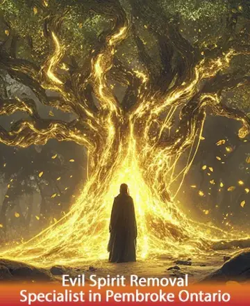In the heart of a serene forest, a majestic tree radiates golden light, enveloping a solitary figure in warmth and tranquility. Leaves gently cascade, symbolizing peace and renewal. This calming scene invites you to embrace harmony and spiritual clarity. Evil spirit removal specialist in Pembroke Ontario.