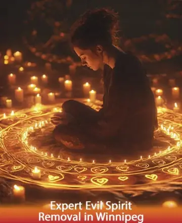 In the gentle glow of countless candles, a serene figure sits within a circle of warmth and light, embodying tranquility and deep connection. The atmosphere is filled with peace and protection, offering solace to the soul. Expert evil spirit removal in Winnipeg.
