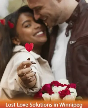 In the gentle embrace of love, two souls find solace and warmth, their smiles radiating pure joy and connection. A tender heart-shaped token and vibrant roses symbolize the promise of renewed affection. Lost love solutions in Winnipeg.