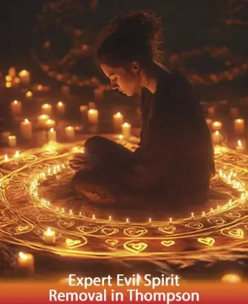 In this serene image, a young woman sits gracefully within a luminous circle of golden light, surrounded by the gentle glow of countless candles. Her peaceful demeanor invites a sense of calm and safety, as if embraced by warmth and protection. Expert evil spirit removal in Thompson.