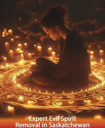 In the gentle glow of countless candles, a serene figure sits amidst intricate patterns, embodying tranquility and profound wisdom. This sacred moment offers a comforting embrace to the spirit, inviting peace and clarity. Embrace the light within, guided by expert evil spirit removal in Saskatchewan.