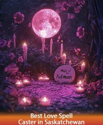In a serene woodland setting, a luminous full moon bathes the landscape in gentle pink hues, casting a tranquil glow over flickering candles. Surrounded by delicate flowers, it invites you to embrace the soothing magic of nature's embrace. Love spell in Saskatchewan.
