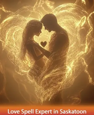 In this serene image, two souls are enveloped in a golden embrace, their connection glowing with warmth and tranquility. The swirling light forms a heart, symbolizing the deep bond and harmony they share. Experience the gentle art of connection through love spell expert in Saskatoon.