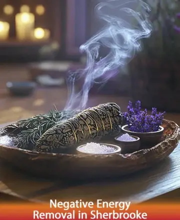 In a serene setting, gentle wisps of sage smoke dance gracefully, surrounded by calming lavender and soothing crystals. The warm glow of candlelight embraces the space, inviting peace and tranquility. Discover the path to harmony and balance. Negative energy removal in Sherbrooke.
