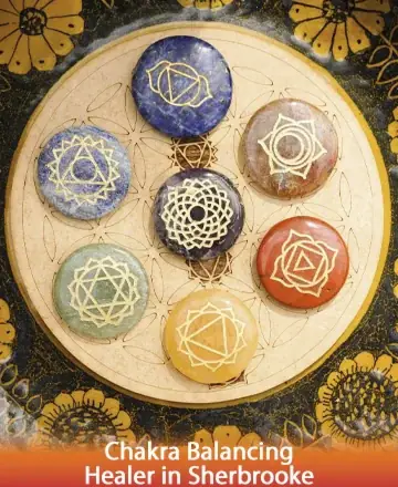 This serene and harmonious image presents a beautifully arranged set of chakra stones, each symbolizing a unique energy center. Their gentle colors and sacred symbols invite a sense of balance and inner peace, guiding you towards calm and clarity. Chakra balancing healer in Sherbrooke.