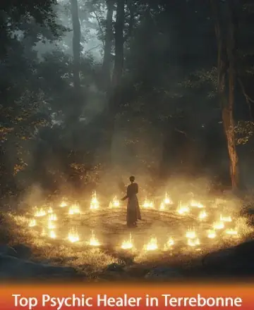 Amidst the tranquil embrace of a serene forest, a gentle figure stands encircled by the warm glow of flickering flames. The soft light dances in harmony with the surrounding trees, creating a sanctuary of peace and introspection. Top psychic healer in Terrebonne.