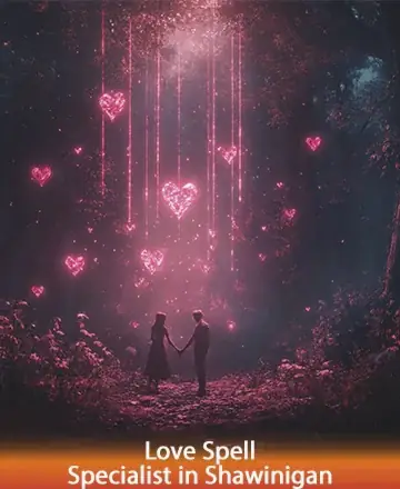 In a serene forest illuminated by gentle, glowing hearts, two souls find solace and connection, hand in hand. The atmosphere is imbued with warmth and enchantment, inviting a sense of peace and unity. Love spell specialist in Shawinigan.