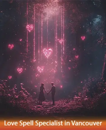 In a serene, enchanted forest, two souls stand hand in hand, embraced by a gentle cascade of glowing hearts. The warm, ethereal light wraps them in a cocoon of love and tranquility, fostering a deep connection. Love spell specialist in Vancouver.