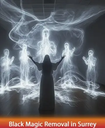 In the serene embrace of ethereal light, a gentle figure stands surrounded by luminous spirits, their forms whispering ancient wisdom and peace. The scene speaks of harmony and the deep connection between realms, offering solace and understanding. Black magic removal in Surrey.