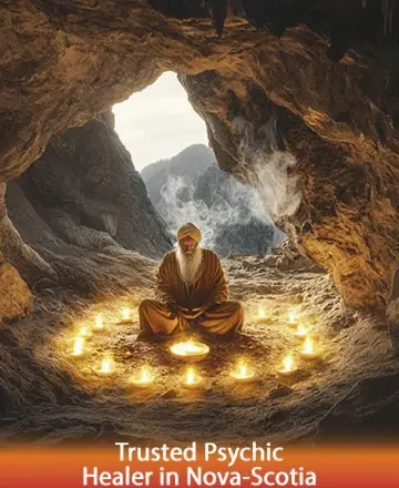 In the serene embrace of a sunlit cave, a wise figure meditates amidst a circle of glowing candles, embodying tranquility and ancient wisdom. This sacred space invites a sense of peace and spiritual connection. Trusted psychic healer in Nova Scotia.