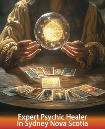 In a serene setting illuminated by the soft glow of a mystical orb, the hands of a wise guide gently cradle the light of insight. Tarot cards lie gracefully below, promising a journey of discovery and healing. Spiritual guidance in Sydney Nova Scotia.