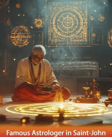 In a serene sanctuary filled with soft, glowing light, a wise elder sits in peaceful meditation, surrounded by intricate symbols that speak of ancient knowledge and deep spiritual connection. The ambiance is one of warmth and gentle guidance. Famous astrologer in Saint-John.