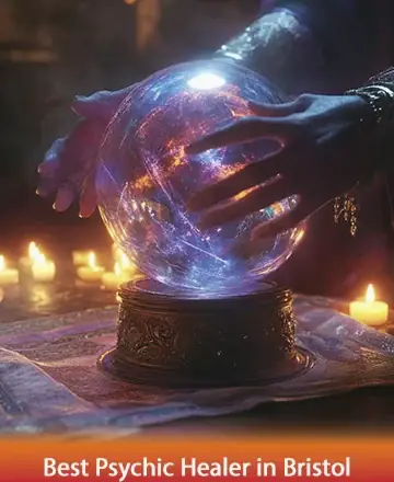 In a serene sanctuary of flickering candlelight, gentle hands embrace a radiant crystal ball, shimmering with ethereal light and mystery. This tranquil scene invites you to explore profound wisdom and inner peace. Experience the transformative journey of a psychic healer in Bristol.