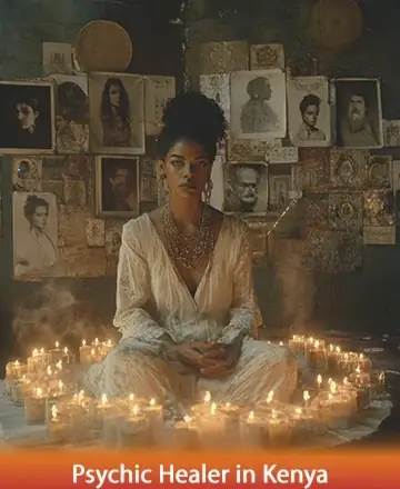 In the serene glow of candlelight, a wise soul sits amidst comforting warmth, surrounded by timeless images that whisper stories of wisdom and peace. This tranquil setting invites a journey of healing and inner peace. Psychic healer in Kenya.