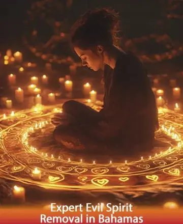 In a serene embrace of flickering candlelight, a figure sits gracefully within a circle of warmth and protection. The golden glow creates a sanctuary of peace, inviting the heart to find solace and healing. Expert evil spirit removal in Bahamas.