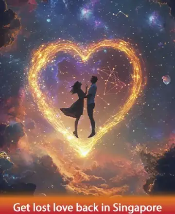 In a celestial embrace, two souls float within a luminous heart, surrounded by the infinite beauty of the cosmos. This enchanting scene whispers of rekindled connections and timeless love, inviting warmth and harmony into your life. Get lost love back in Singapore.