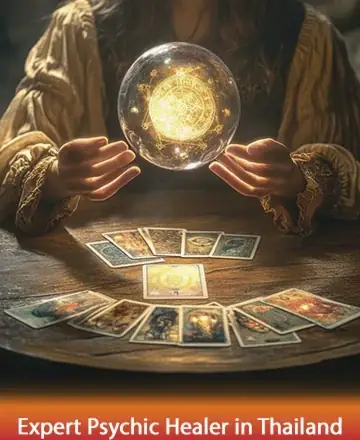 In a serene glow, gentle hands cradle a radiant crystal ball, casting a warm light over a circle of mystical tarot cards. This enchanting scene invites tranquility and introspection, offering a space for soulful guidance and insight. Psychic reading in Thailand.