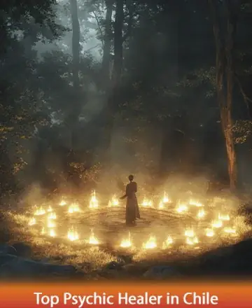 In the tranquil embrace of a mystical forest, a serene figure stands surrounded by a gentle circle of glowing lights. This sacred space whispers of ancient wisdom and inner peace, inviting you to connect with your deepest self. Psychic guidance in Chile.
