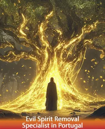 In a serene, golden glow, a wise figure stands before an ancient, luminous tree, exuding warmth and tranquility. This enchanting scene invites the soul to find peace and clarity, guiding you gently toward spiritual harmony. Evil spirit removal specialist in Portugal.