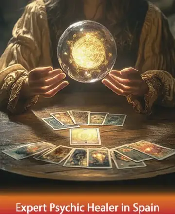 In a serene glow of golden light, gentle hands cradle a mystical orb, surrounded by a circle of tarot cards that whisper ancient wisdom. This tranquil scene invites you to explore the depths of your soul with trust and openness. Psychic reading in Spain.